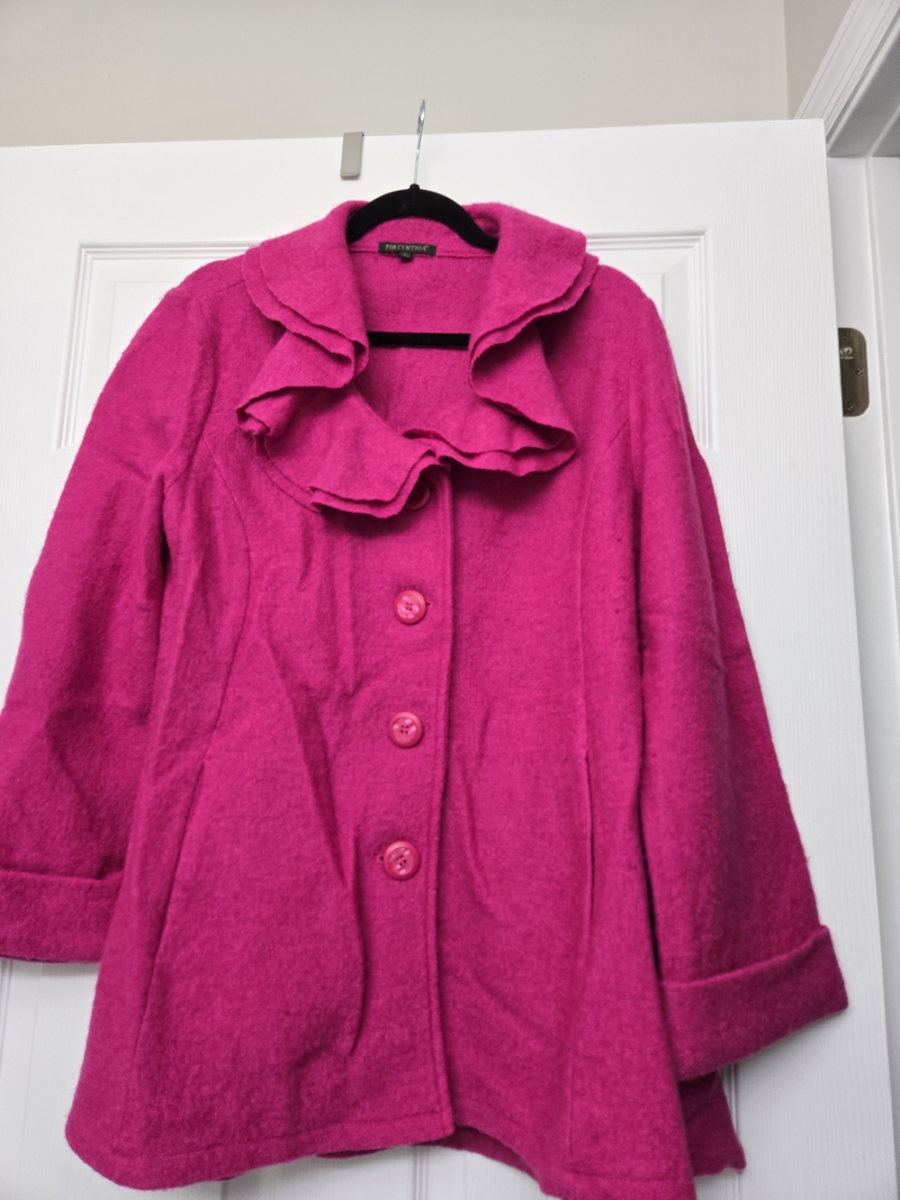 For Cynthia Ruffle-Collar Pea Coat in Bright Fuchsia Pink